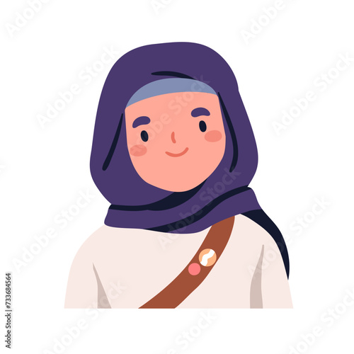 Muslim Arab girl, wearing hijab, headscarf. Happy cute Arabian Islamic child in headwear portrait. Moslem kid smiling, head covered with scarf. Flat vector illustration isolated on white background