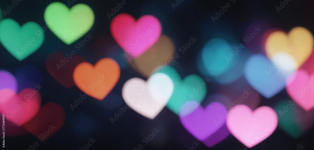 Multicolored heart-shaped bokeh highlights on black background Multicolored heart-shaped bokeh highlights on black background