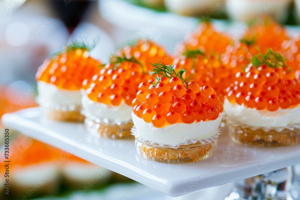 Elegant Appetizers Topped With Luxurious Red Caviar, Ready To Be Savored