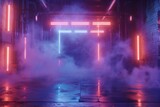 Mesmerizing Atmosphere Evoked By Neon Lights, Spotlights, And Smoke On An Empty Stage