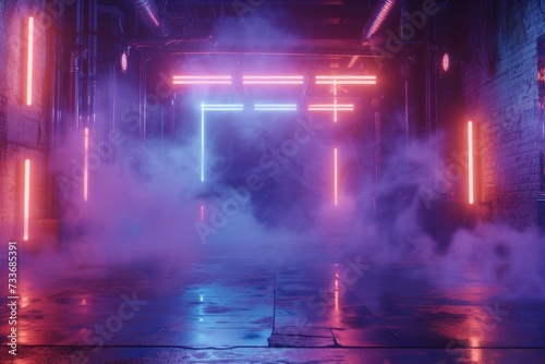 Mesmerizing Atmosphere Evoked By Neon Lights, Spotlights, And Smoke On An Empty Stage © Anastasiia