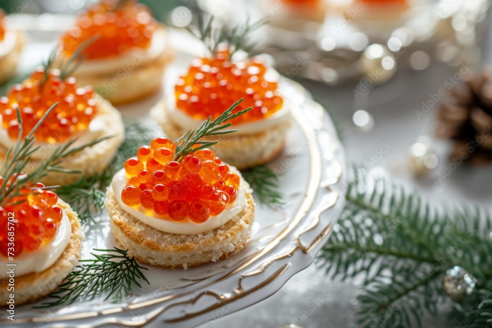 Exquisite New Year's Appetizers Showcasing Elegant Red Caviar For A Festive Celebration Exquisite New Year's Appetizers Showcasing Elegant Red Caviar For A Festive Celebration