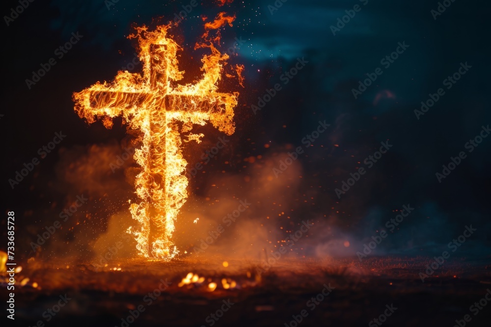 Religious Flame Illuminating Easter Night: The Fiery Cross As A Symbol Religious Flame Illuminating Easter Night: The Fiery Cross As A Symbol
