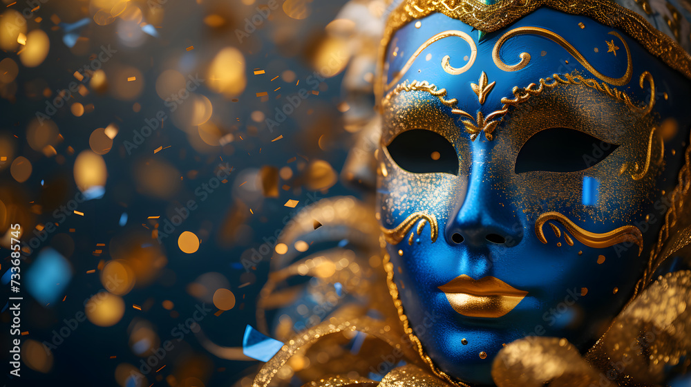 A blue and gold mask is surrounded by gold confetti.