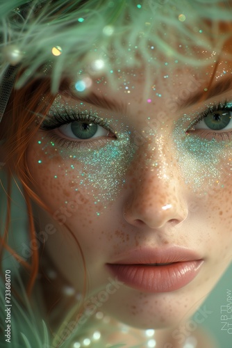 Young Woman with Red Hair Adorned in Neon Mint Green Pearls and Sparkles
