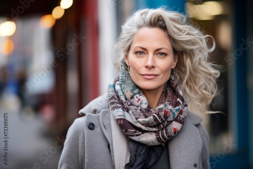 Portrait of a beautiful blonde woman in a gray coat and scarf.