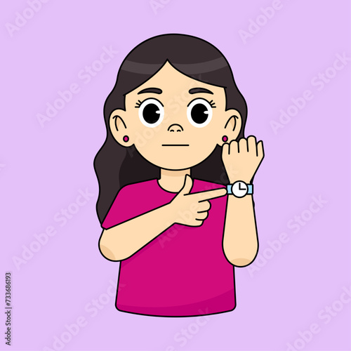 A girl shows a wristwatch with a dissatisfied and serious expression on her face