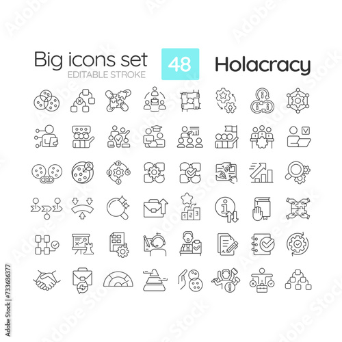 Holacracy structure linear icons set. Power distribution. Operational process. Governance meetings. Customizable thin line symbols. Isolated vector outline illustrations. Editable stroke