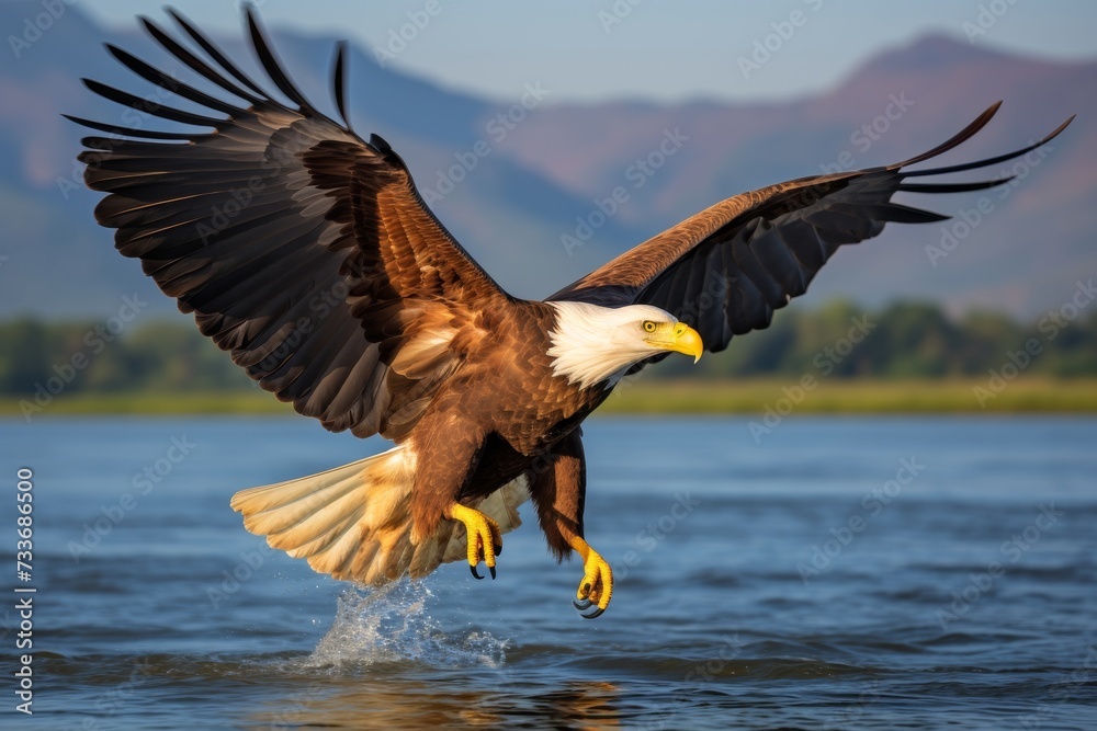 Fototapeta premium Majestic african fish eagle soaring in the untamed wilderness. Safari expedition capture