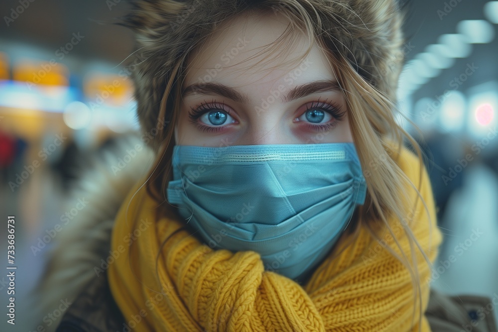 Putting on a Breathable Face Mask in Airport Terminal, Candid Moment Captured Putting on a Breathable Face Mask in Airport Terminal, Candid Moment Captured