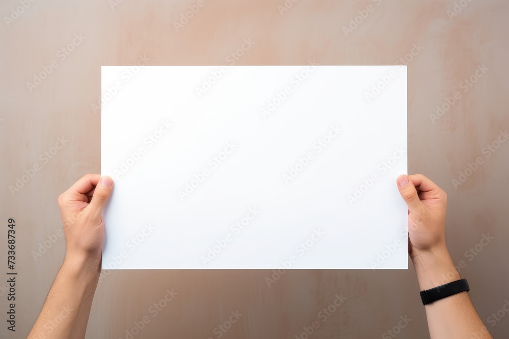 Holding a white piece of paper, holding a blank white piece of blank picture frame with both hands, AI generated Holding a white piece of paper, holding a blank white piece of blank picture frame with both hands, AI generated