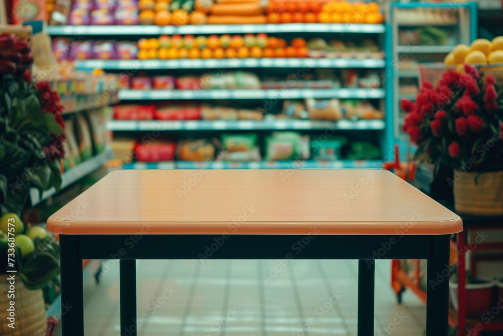 Minimalist Table Against Vibrant Grocery Store Backdrop Creates Captivating Composition