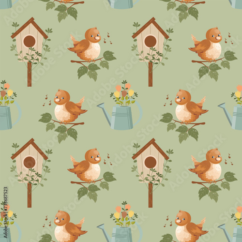 Seamless spring pattern, cute birds, birdhouses, buckets of flowers on a light background. Background, baby wallpaper, textile, vector