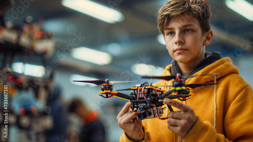 Focused Boy with Drone in Technology Workshop. Generative AI