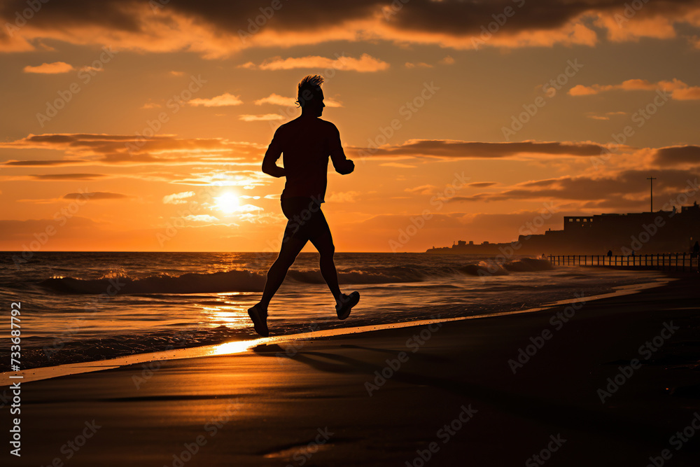 Silhouette of a man jogging along the shore at sunset and dawn. Running concept. Generated by artificial intelligence