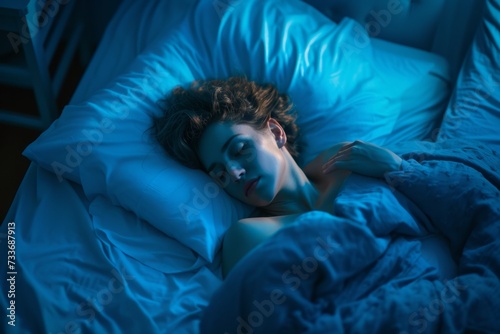 Tranquil Sleeping Environment: Serene Woman Rests In Subdued Blue Room