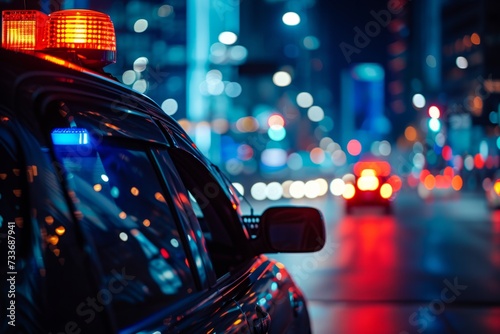 Police Car With Flashing Sirens Against City Lights In The Background