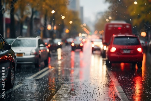 busy traffic on a wet city road on a rainy evening, city street in late autumn season © soleg