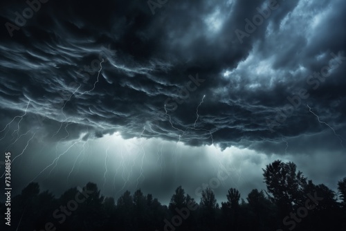 night forest landscape, dark dramatic stormy sky with lightning and cumulus clouds for abstract background