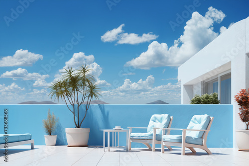 a beautiful interior on an open balcony or roof  an armchair and plants against a background of blue sky with clouds  a place for rest and relaxation
