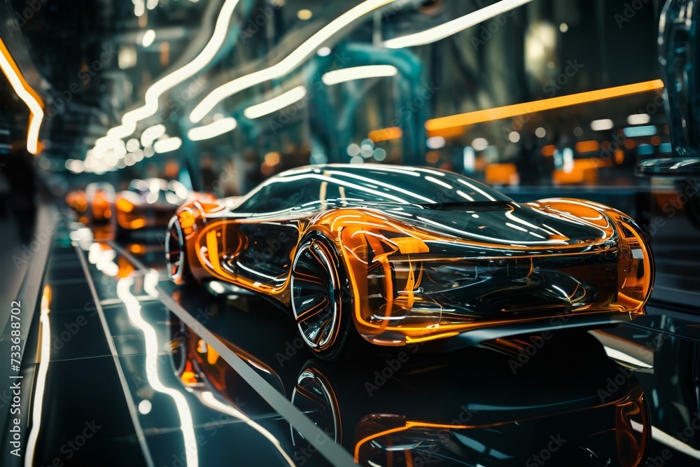 futuristic car on a glossy road in a tunnel with transparent walls, transport of the future, city streets futuristic car on a glossy road in a tunnel with transparent walls, transport of the future, city streets