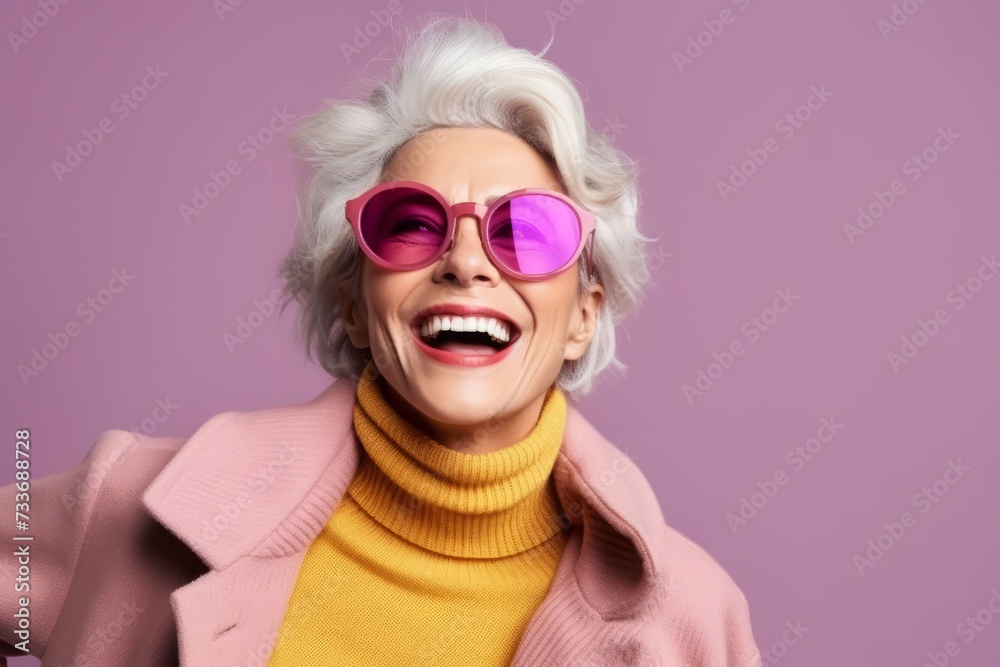 Portrait of a happy senior woman in pink sunglasses over purple background. Portrait of a happy senior woman in pink sunglasses over purple background.