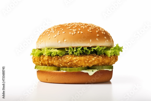 Fresh tasty burger isolated on white background. Big cheddar cheeseburger with chicken cutlet.