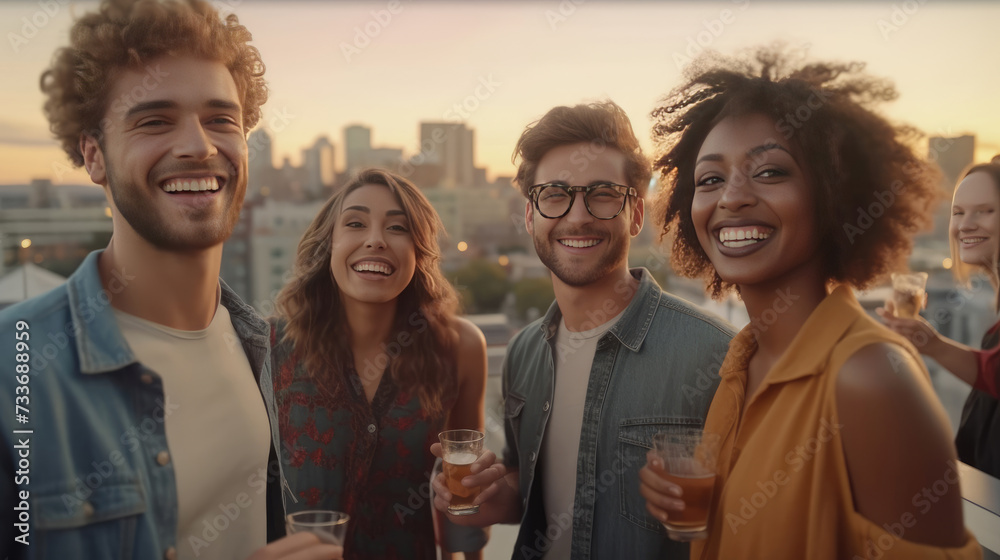 A Group of Young People Enjoy a Relaxing Rooftop Party at Sunset A Group of Young People Enjoy a Relaxing Rooftop Party at Sunset