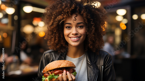 Beautiful smiling woman with a big hamburger in her hand. Hamburger day concept
