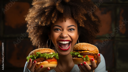 African American woman eating some big hamburgers on hamburger day.