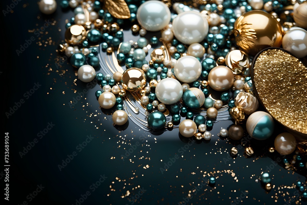 Jewelry background with gold and blue-green pearls on black. Jewelry background with gold and blue-green pearls on black.