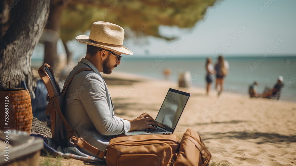 A young traveler works from a beach with a laptop, nomadic life concept
