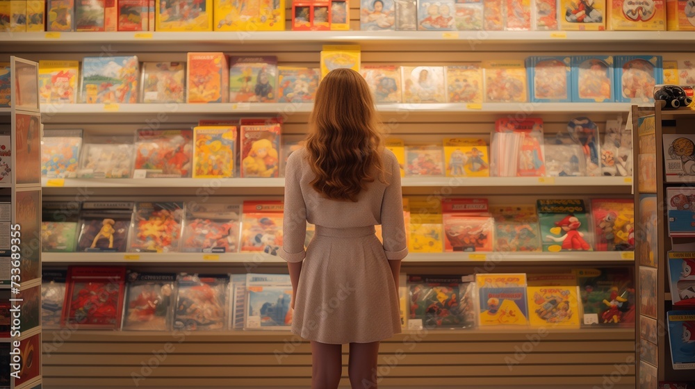 Fashionably dressed young woman contemplating a selection of colorful toys in a warmly lit store, captured from behind to showcase a moment of decision.