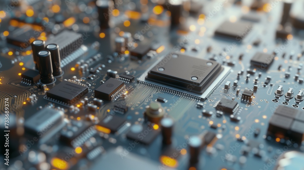intricate printed circuit board, highlighted by a warm glow that emphasizes the precision and potential for technology development in its design.