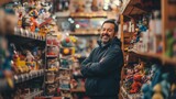 Friendly store owner or worker smiling proudly in a toy store, surrounded by a blur of colorful toys, creating a cheerful and welcoming retail environment.