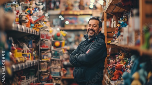 Friendly store owner or worker smiling proudly in a toy store, surrounded by a blur of colorful toys, creating a cheerful and welcoming retail environment. photo