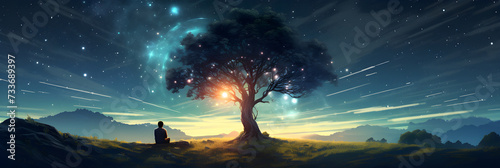 Golden Tree of Financial Freedom Under Starry Sky: Embracing The Windfall of Wealth. © Ollie