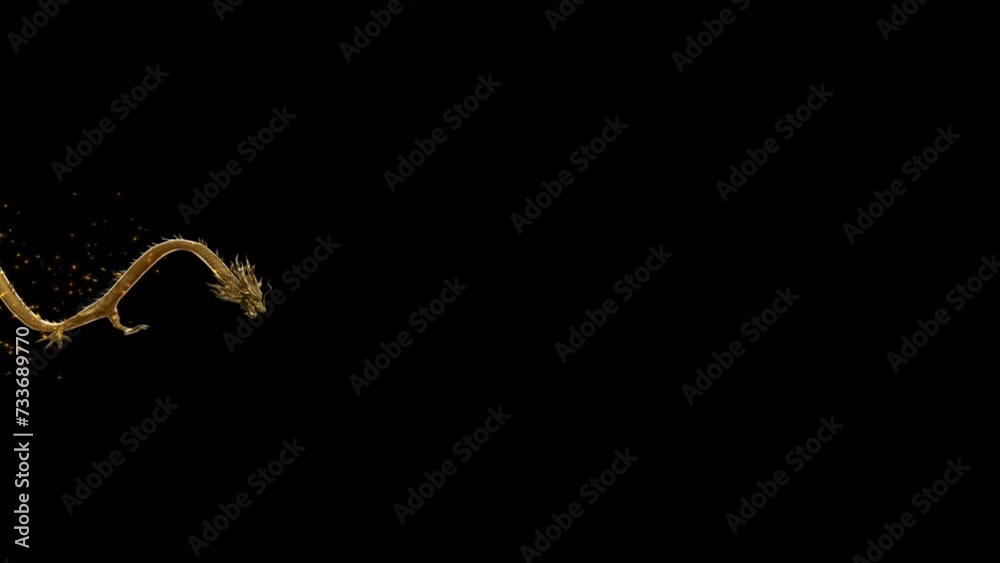 3D animation golden dragon slithering in the air on side view with gold particles including alpha matte.