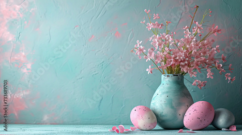 pink flowers in vase and easter eggs, greetimg card, pastel blue baclground, spring time 