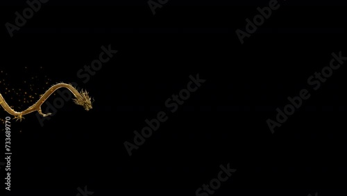 3D animation golden dragon slithering in the air on side view with gold particles including alpha matte.