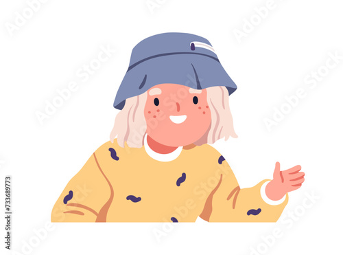 Happy girl greeting with hand gesture, saying hi. Cute funny little kid smili...