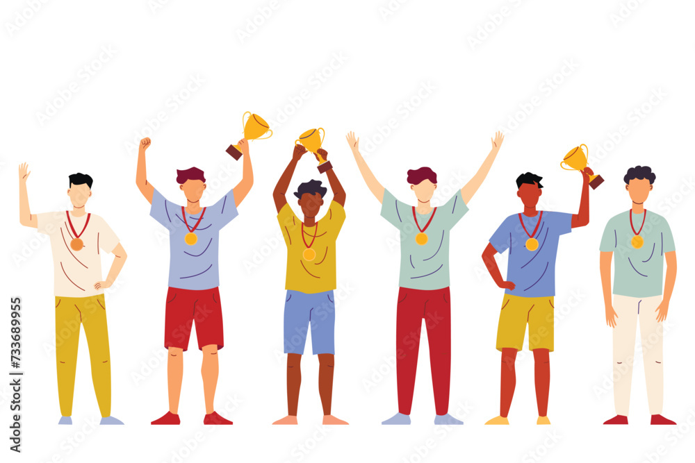Set of men hold the winners cups. Vector illustration