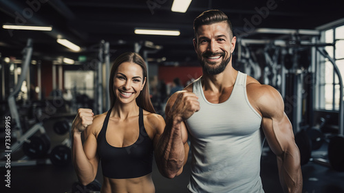 Handsome young sporty couple demonstrating biceps  looking at the camera and smiling  against the backdrop of a modern gym with space for text. sports advertising