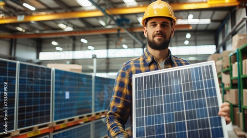 Worker holding solar panel in warehouse, Factory, Solar panel manufacturer, Solar manufacturing. © Oulaphone