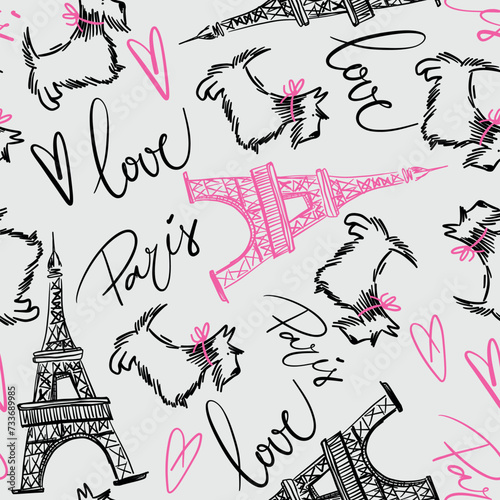 Fashion seamless pattern. Love Paris. pattern with original calligraphic fonts, sketch Eiffel Tower and scottish terriers. for fashion clothes, t shirt, child, wrapping paper. Creative girlish design
