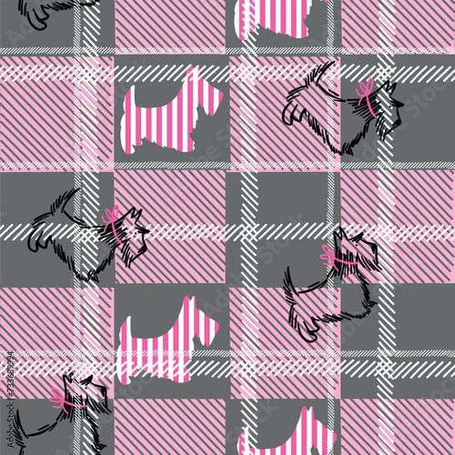 Seamless vector pattern with dog scottish terriers on background for plaid in on-trend colors. Abstract, tar tan, valentine, line print hand drawn. Designs for textiles, fabric, wrapping paper