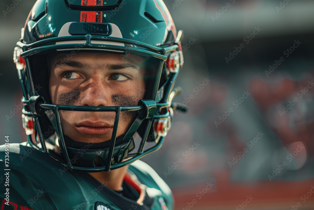 Portrait of an American football player in uniform, stadium background