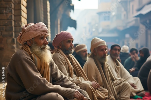 Religious Group Of Men In Traditional Attire Gather In Urban Setting