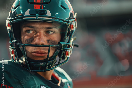 Portrait of an American football player in uniform, stadium background
