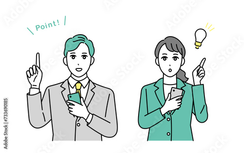 笑顔でスマートフォンをもつビジネスパーソンのイラスト